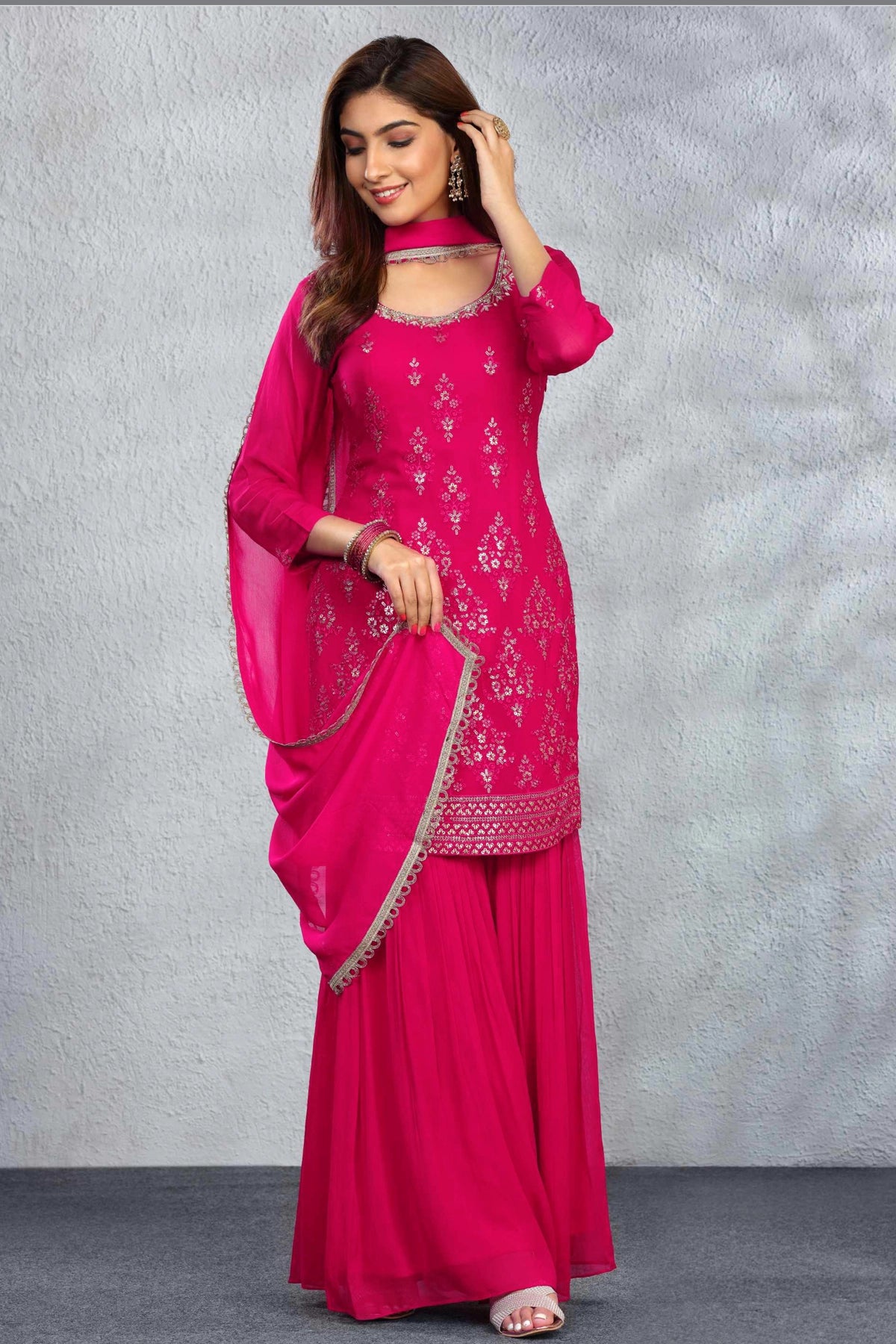 Buy Hot Pink Embroidered Gharara Style Suit at PinkPhulkari California