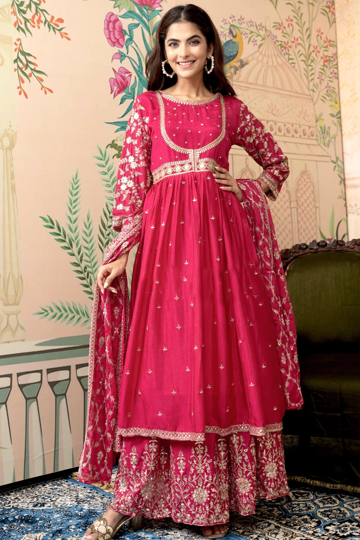 Fuchsia Chinon Silk Anarkali Lehenga Set at PinkPhulkari California