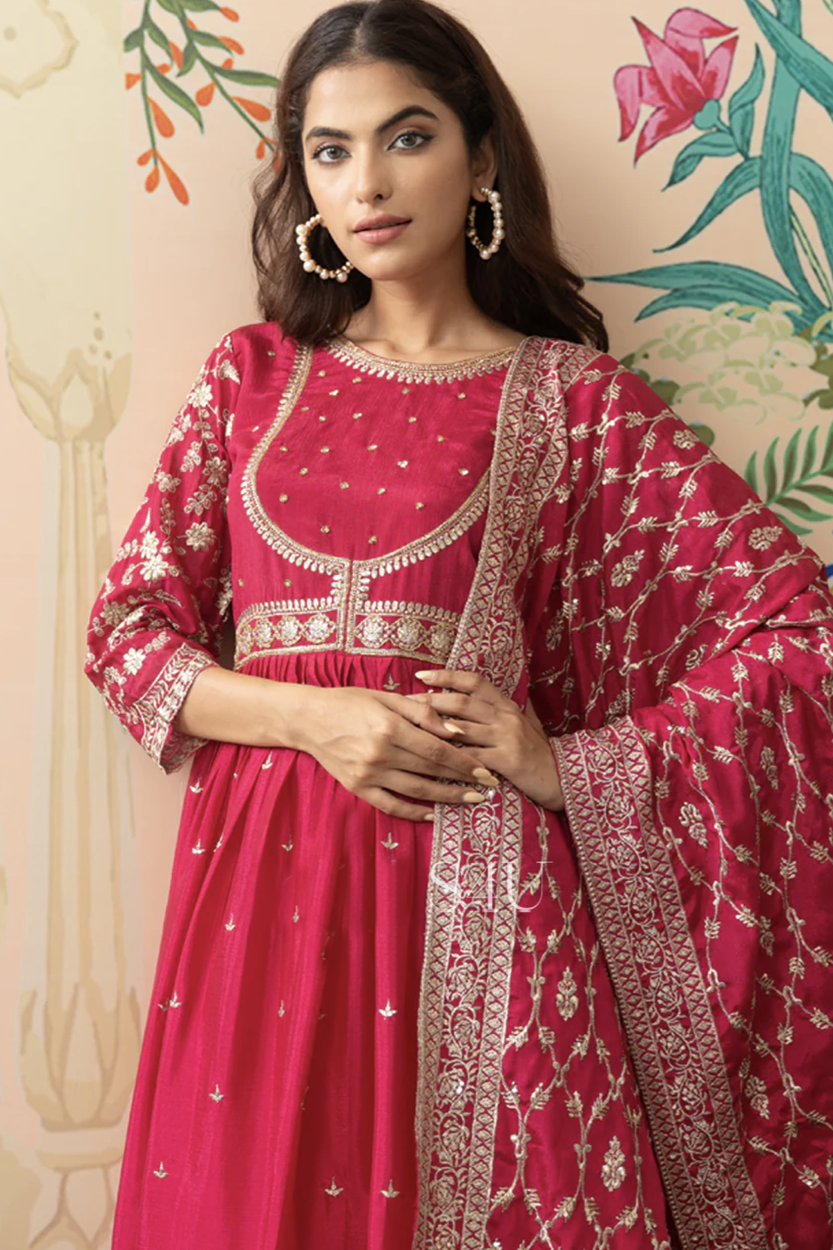 Fuchsia Chinon Silk Anarkali Lehenga Set at PinkPhulkari California