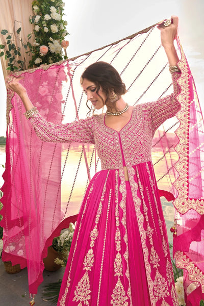 Hot Pink Embellished Chinon Silk Anarkali Lehenga SetHot Pink Embellished Chinon Silk Anarkali Lehenga Set