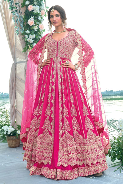  Hot Pink Embellished Chinon Silk Anarkali Lehenga Set 