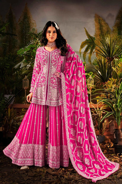 Buy Hot Pink Georgette Embroidery Kurta Sharara SetBuy Hot Pink Georgette Embroidery Kurta Sharara Set