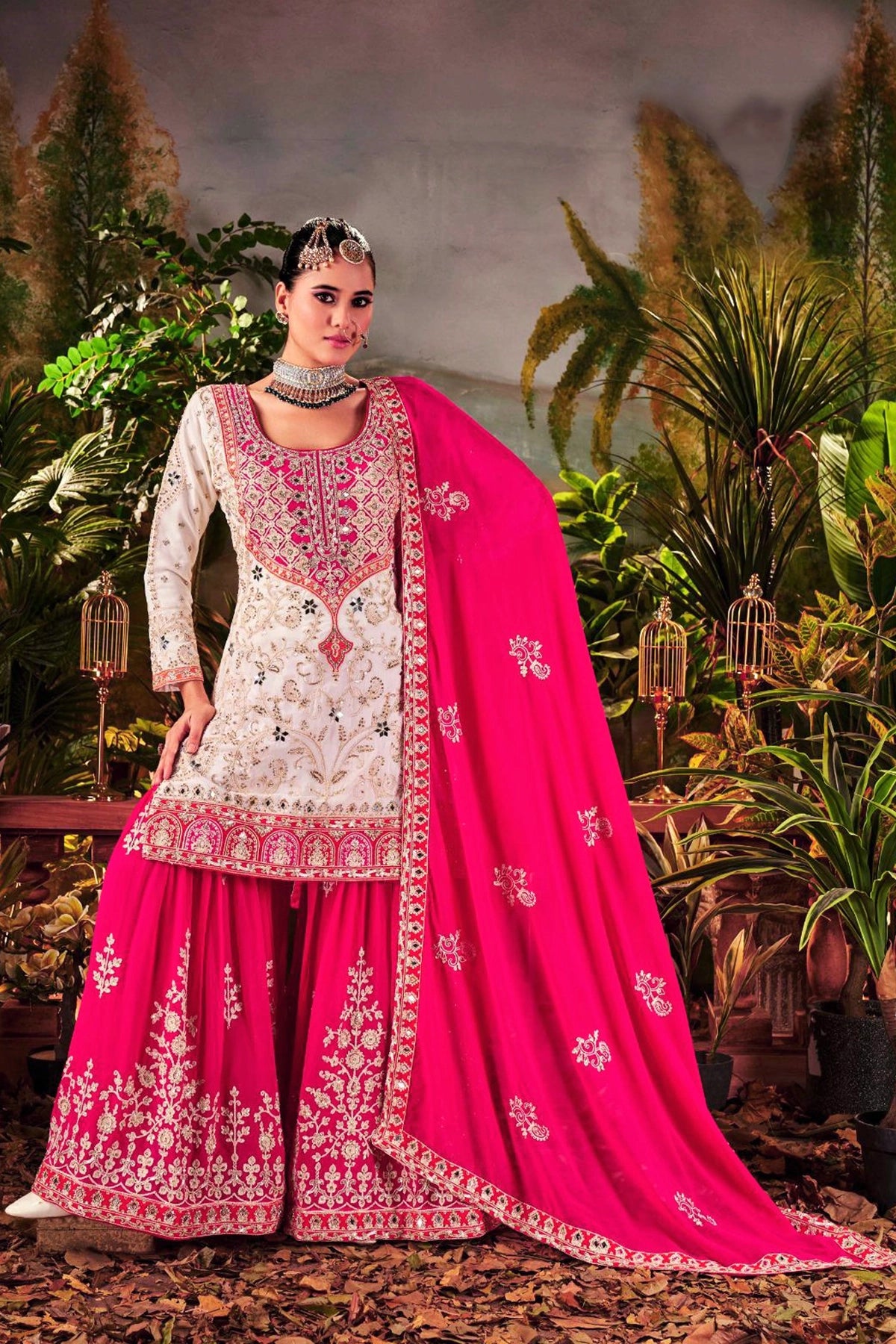 White & Pink Georgette Sharara Set With Mirror Sequins & Handwork