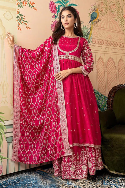 Fuchsia Chinon Silk Anarkali Lehenga Set at PinkPhulkari California