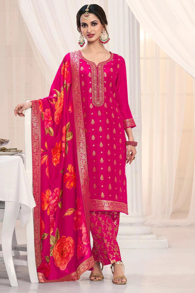 Hot Pink Silk Kurta Set with Floral Print Dupatta at PinkPhulkari USA