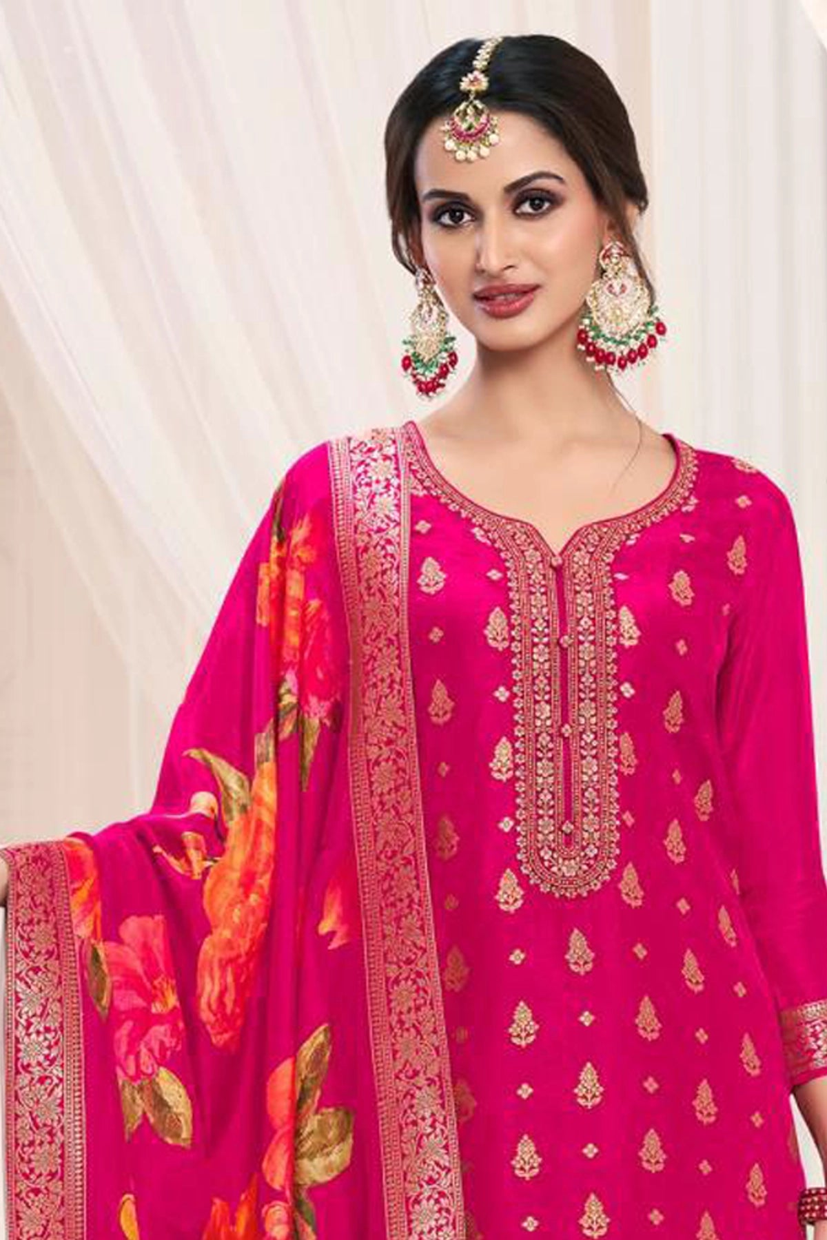 Hot Pink Silk Kurta Set with Floral Print Dupatta at PinkPhulkari USA