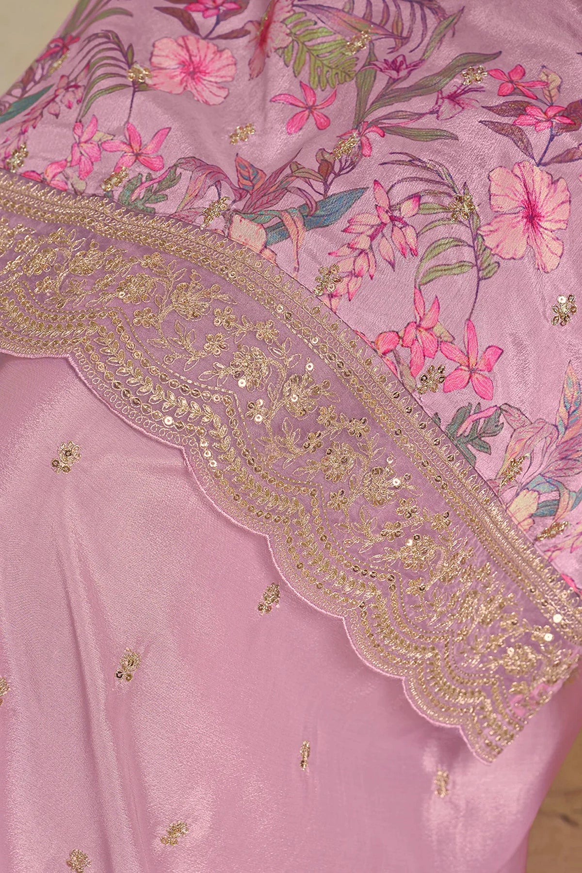Lavender Pink Embroidered Chinon Sharara Suit | PinkPhulkari California