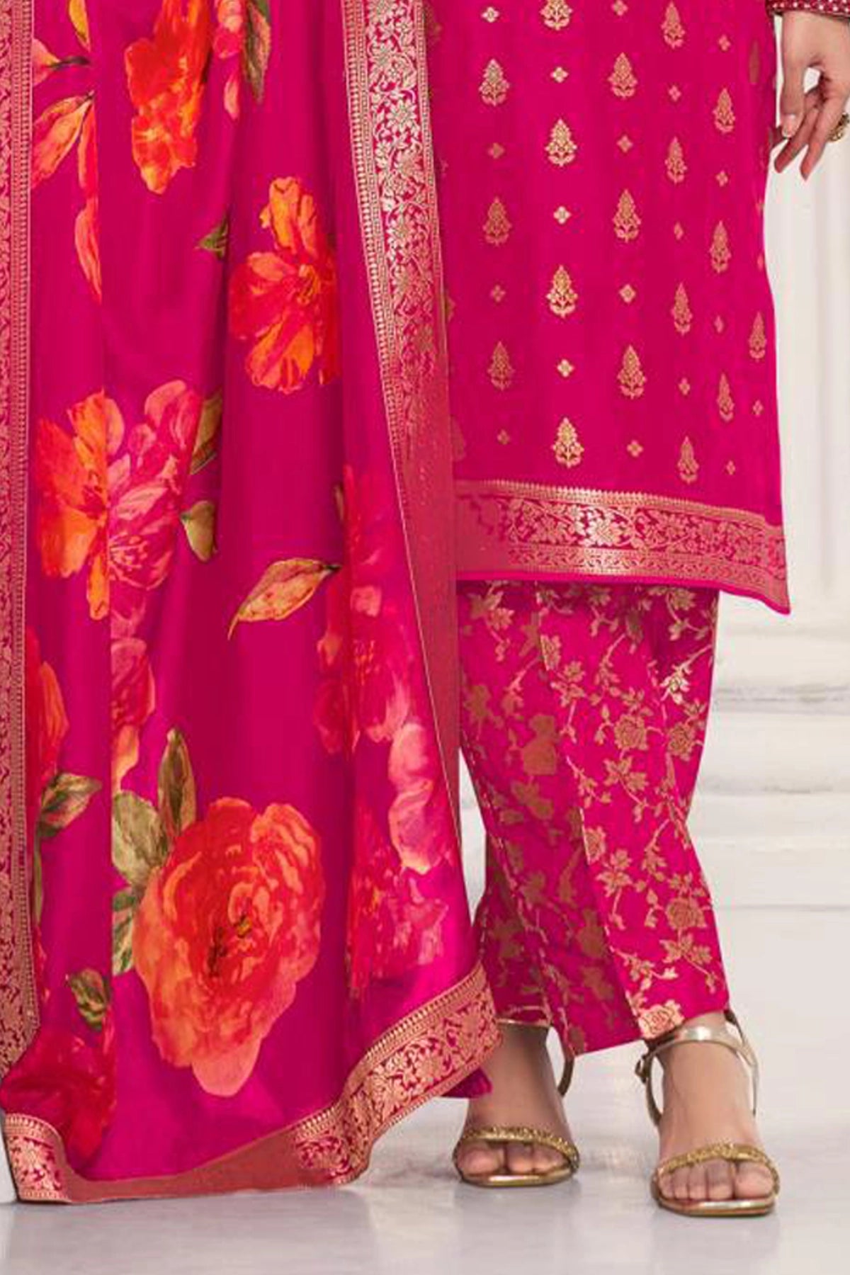 Hot Pink Silk Kurta Set with Floral Print Dupatta at PinkPhulkari USA