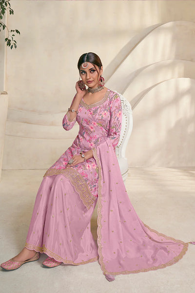 Lavender Pink Embroidered Chinon Sharara Suit | PinkPhulkari CaliforniaLavender Pink Embroidered Chinon Sharara Suit | PinkPhulkari California