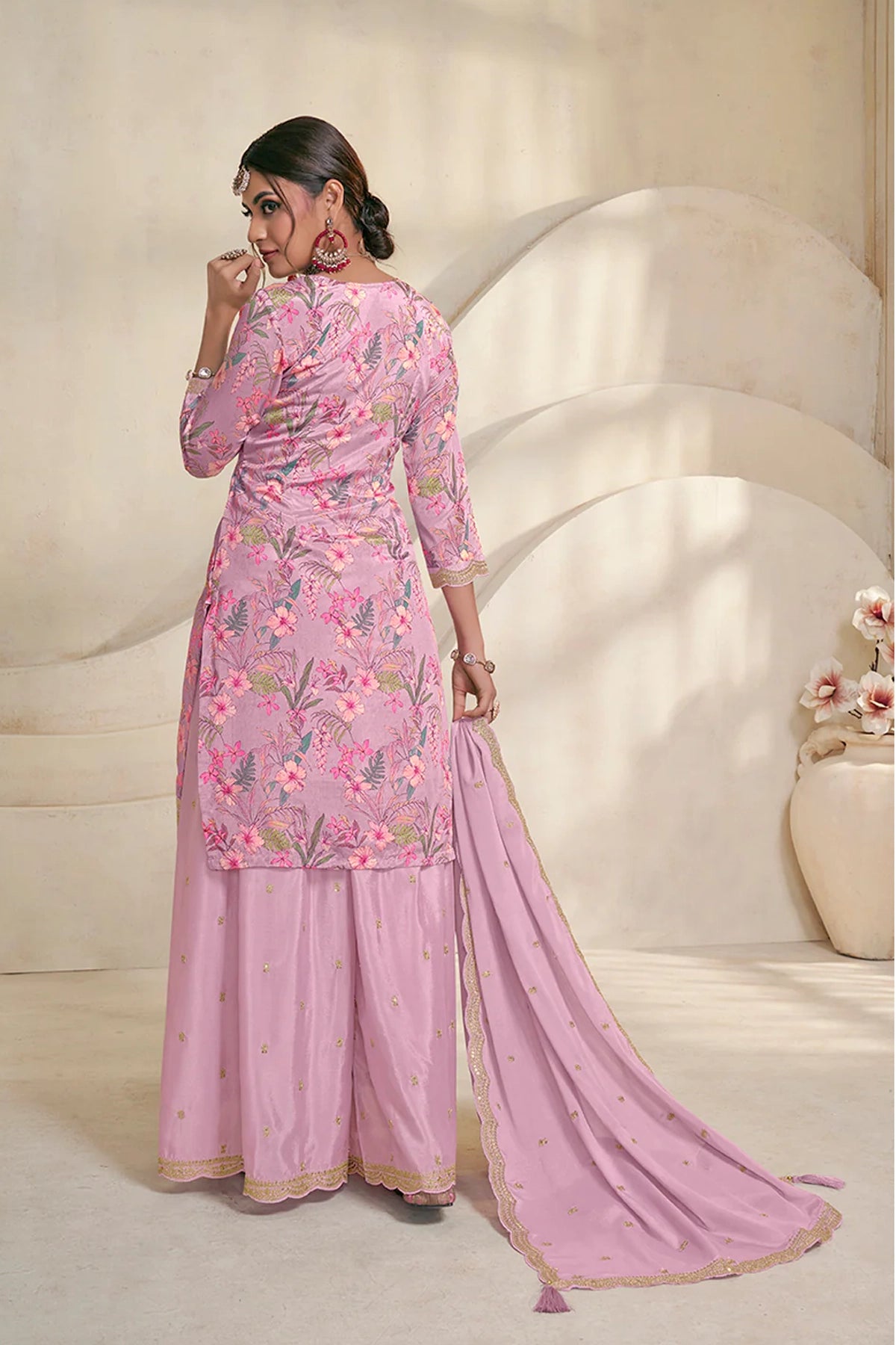 Lavender Pink Embroidered Chinon Sharara Suit | PinkPhulkari California