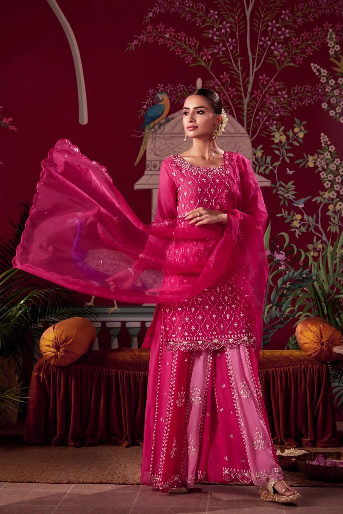 Hot Pink Hand Embroidered Sharara Set