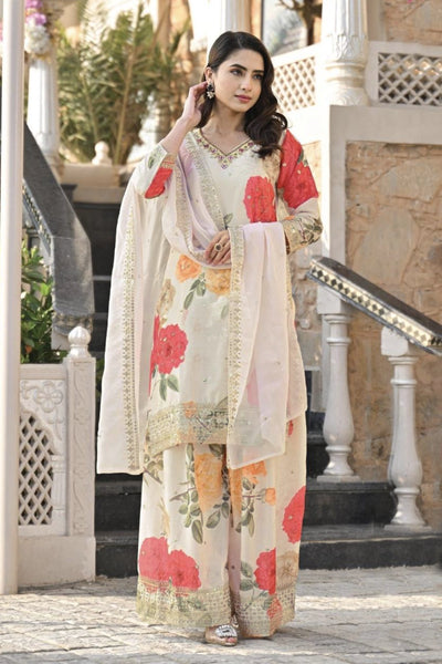 Buy Ivory Embroidered Floral Print Kurta Palazzo Set at PinkPhulkari 