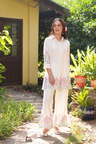 Ivory Linen Summer Co-ord Set With Floral Embroidery Kurta And PantsIvory Linen Summer Co-ord Set With Floral Embroidery Kurta And Pants