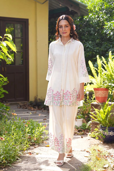 Ivory Linen Summer Co-ord Set With Floral Embroidery Kurta And Pants