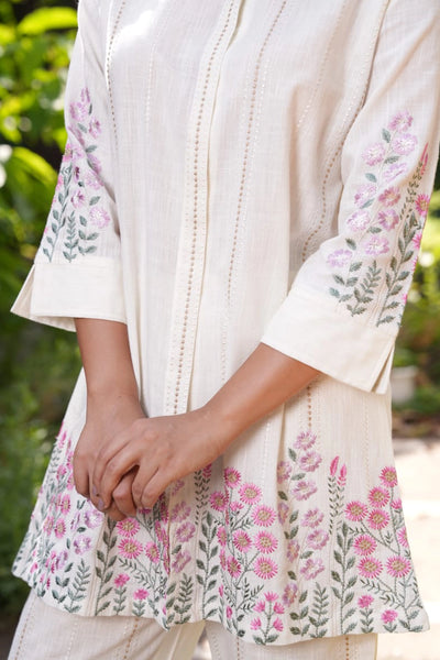 Ivory Linen Summer Co-ord Set With Floral Embroidery Kurta And PantsIvory Linen Summer Co-ord Set With Floral Embroidery Kurta And Pants