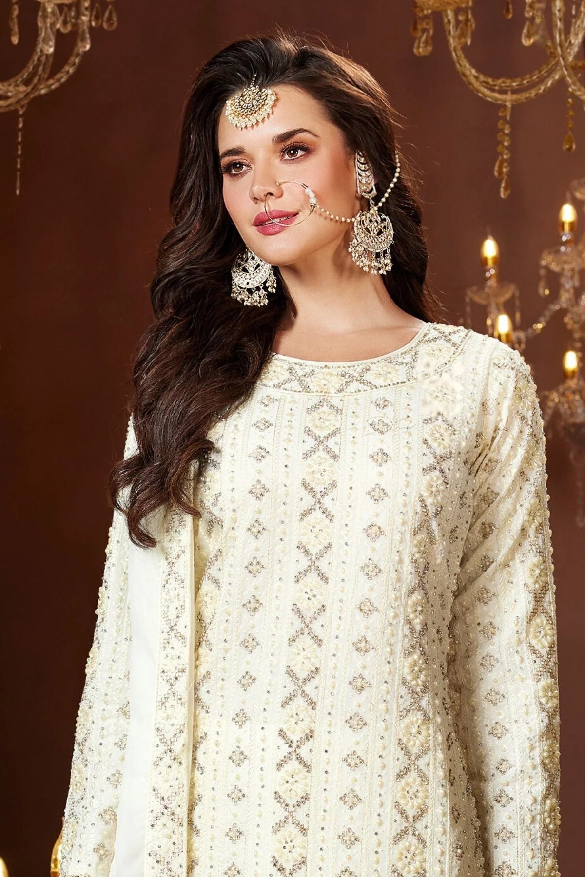 Ivory Georgette Heavy Embroidered Pant Style Suit at PinkPhulkari 