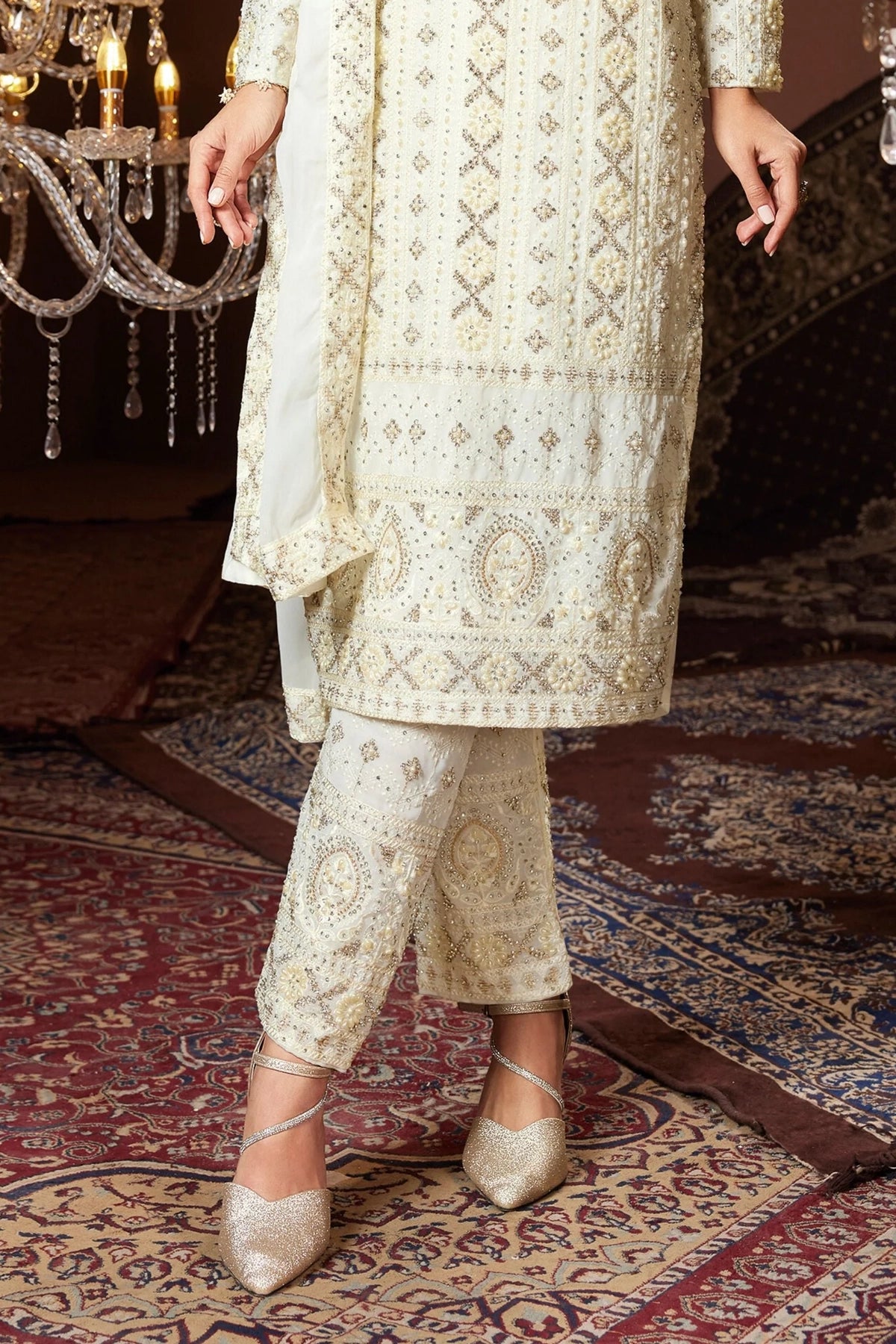 Ivory Georgette Heavy Embroidered Pant Style Suit at PinkPhulkari 