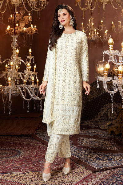 Ivory Georgette Heavy Embroidered Pant Style Suit at PinkPhulkari 