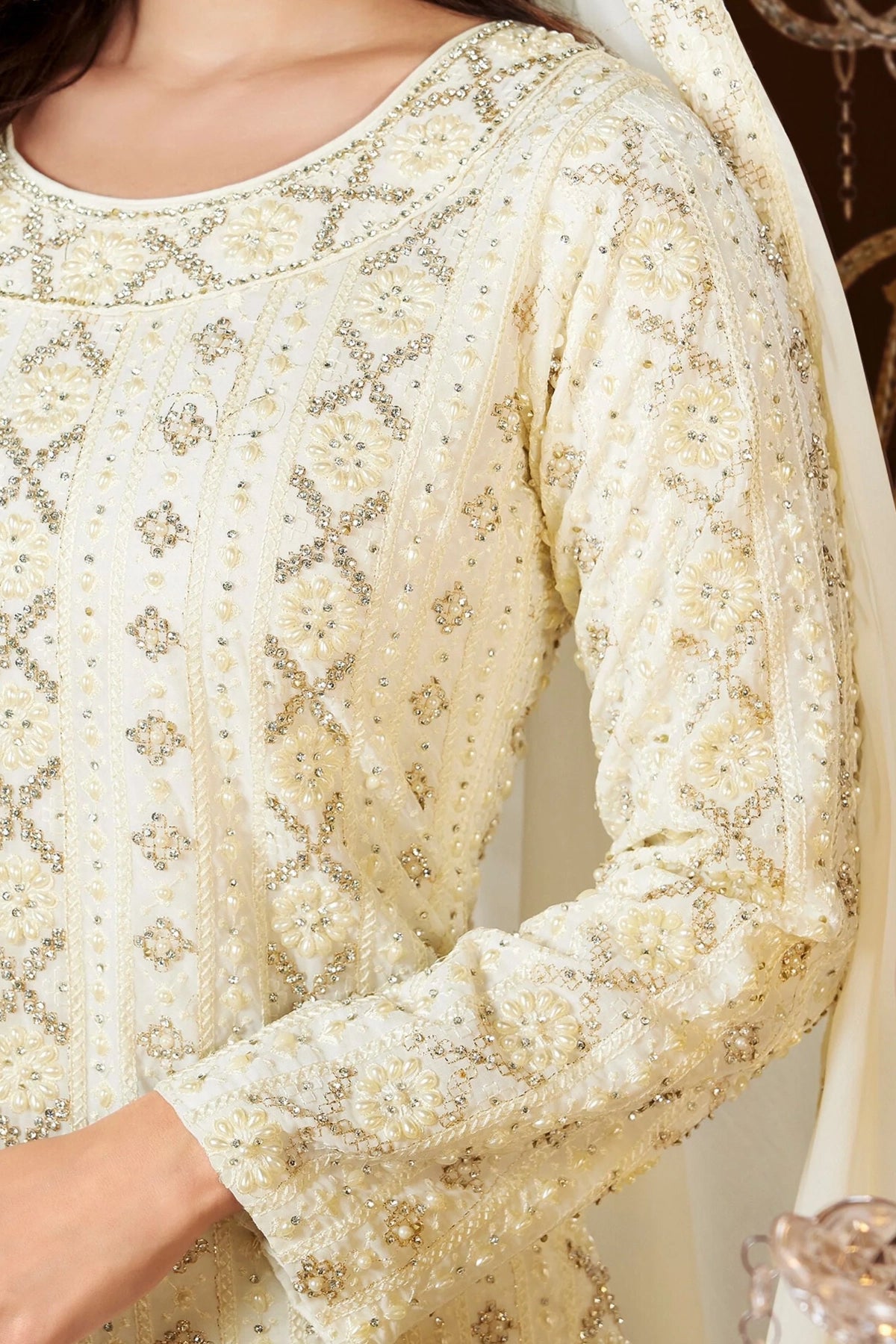 Ivory Georgette Heavy Embroidered Pant Style Suit at PinkPhulkari 