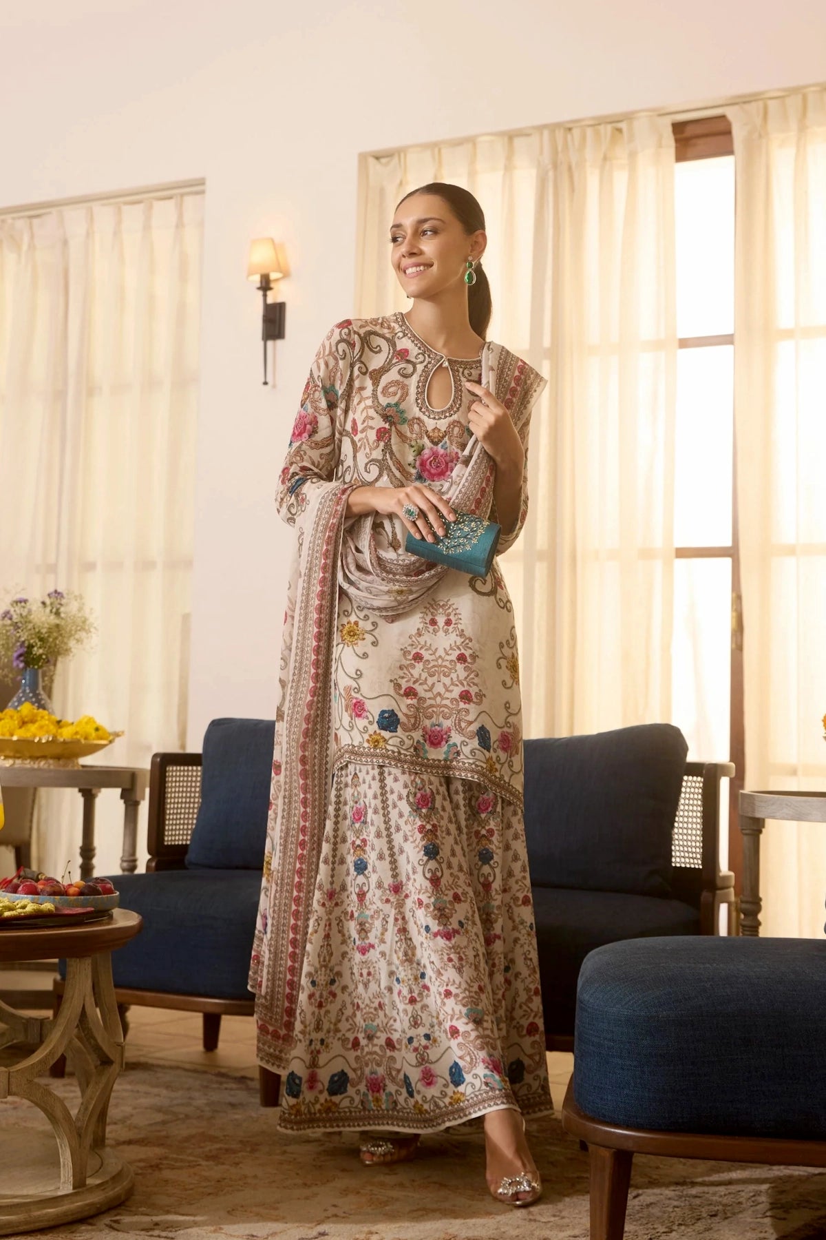 Ivory Floral Print Sharara Style Kurta Set