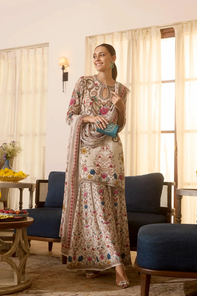 Ivory Floral Print Sharara Style Kurta SetIvory Floral Print Sharara Style Kurta Set