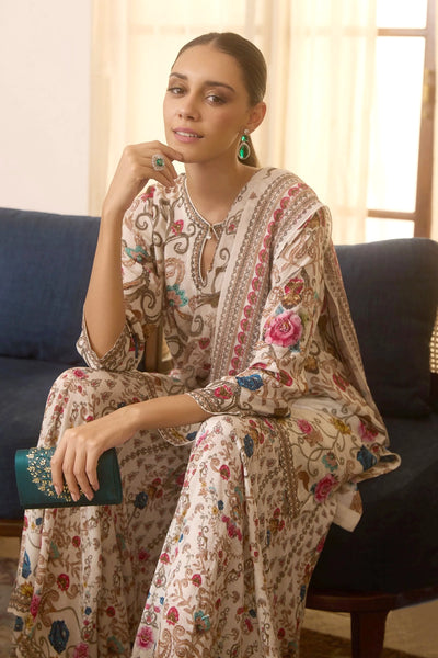 Ivory Floral Print Sharara Style Kurta SetIvory Floral Print Sharara Style Kurta Set