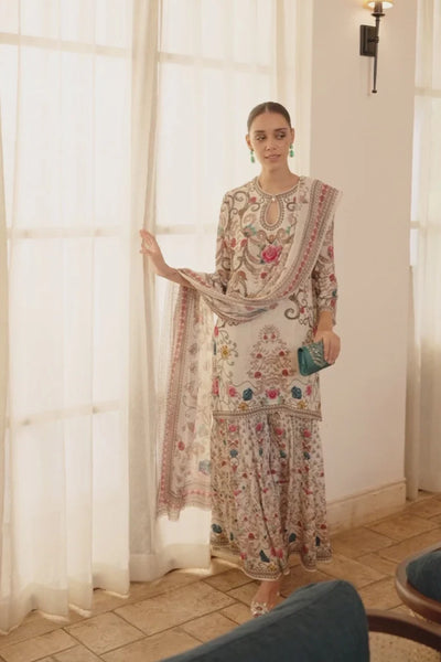 Ivory Floral Print Sharara Style Kurta SetIvory Floral Print Sharara Style Kurta Set
