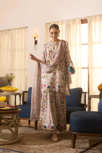  Ivory Floral Print Sharara Style Kurta Set 