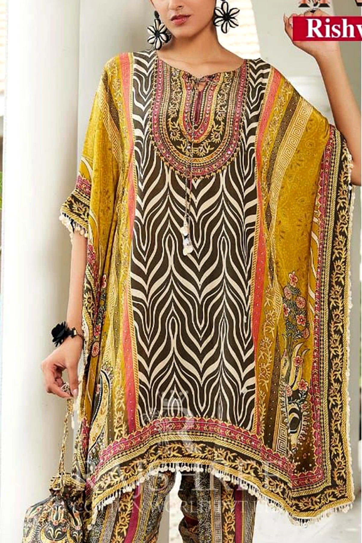 Buy Floral Printed Crepe Silk Kaftan Set at PinkPhulkari 