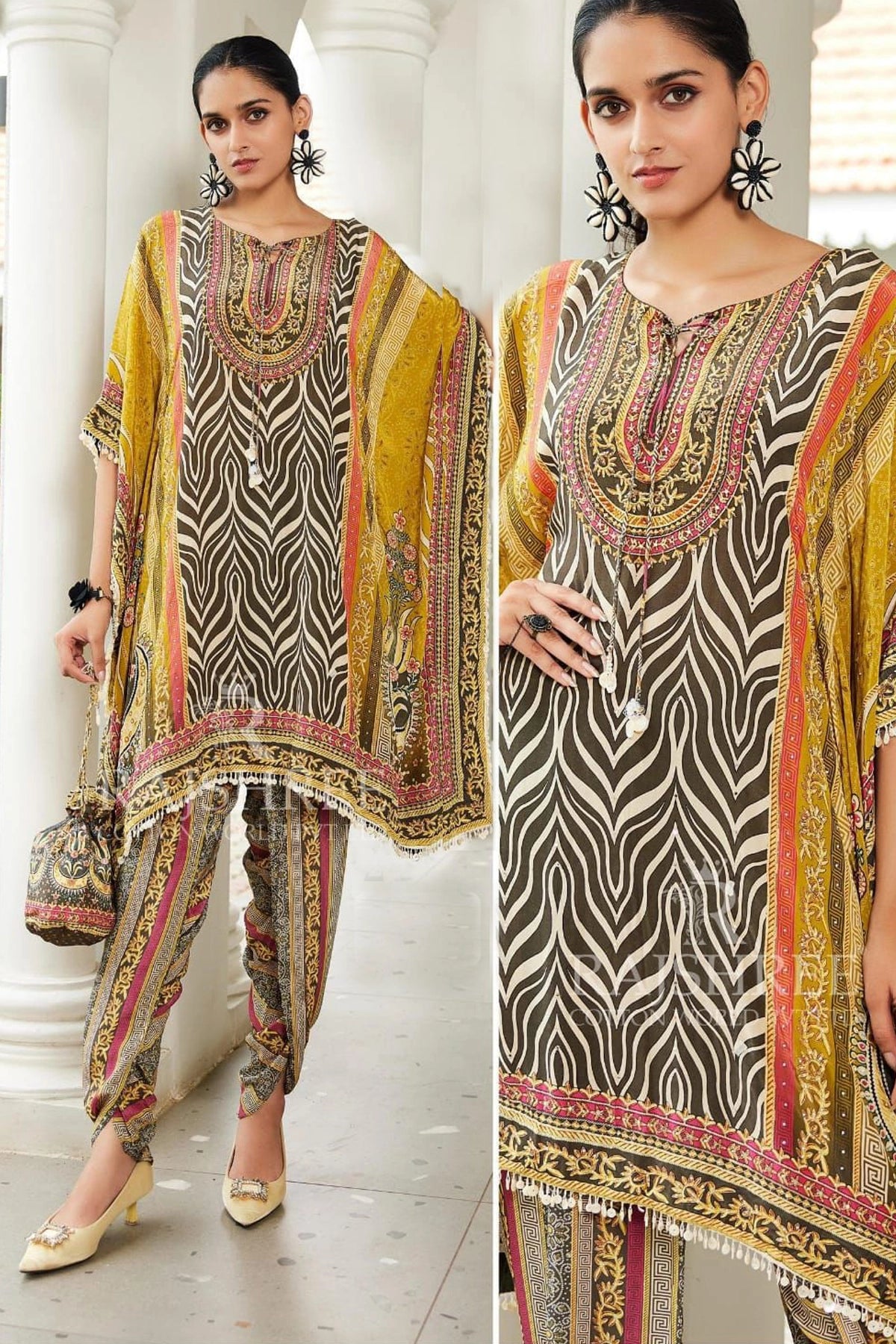 Buy Floral Printed Crepe Silk Kaftan Set at PinkPhulkari 