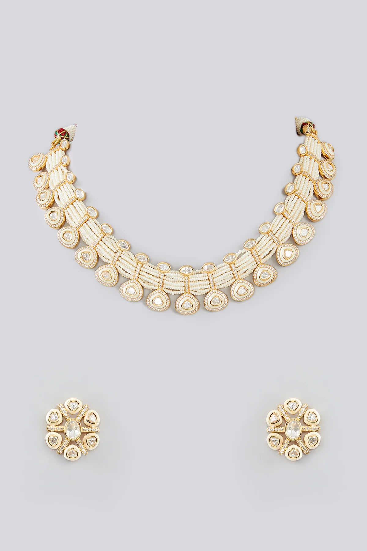 Gold Plated Kundan Polki & Pearl Choker Necklace Set at PinkPhulkari 