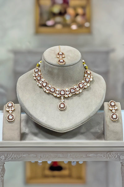  Gold Finish Ruby Choker Necklace Set with Maang Tikka 