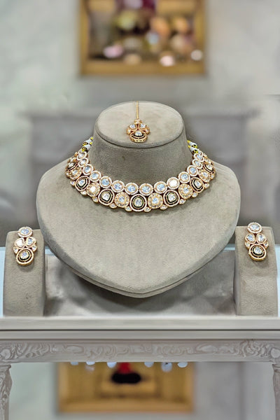 Bridal Gold Finish Green Choker Necklace Set with Maang Tikka 