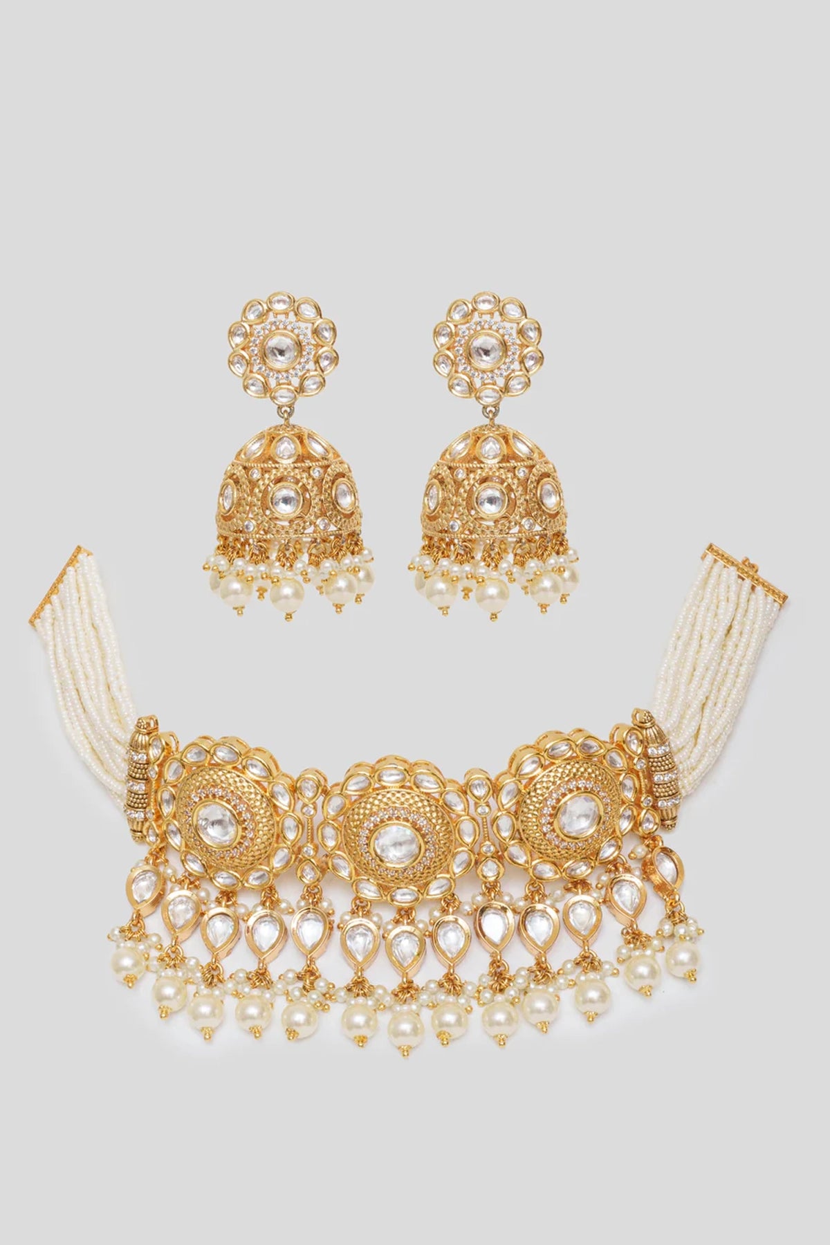 Buy Gold Plated Kundan Polki & Pearl Choker Necklace Set DZ155 