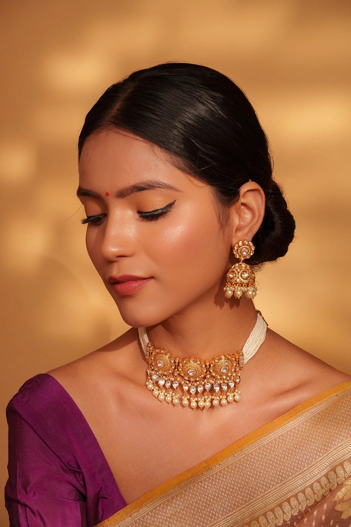 Buy Gold Plated Kundan Polki & Pearl Choker Necklace Set DZ155 