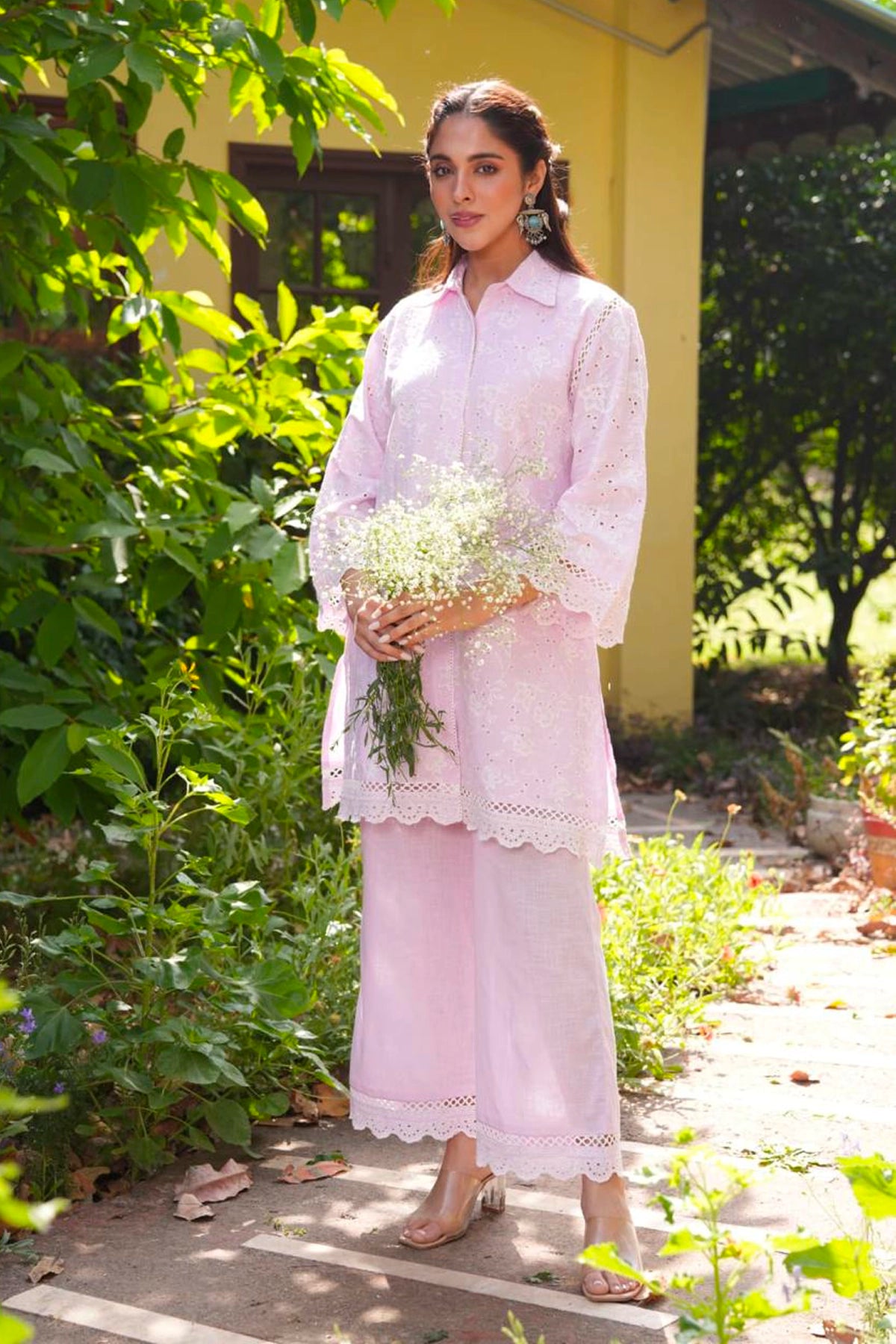 Lavender Cotton Embroidered Schiffli Co-Ord Set