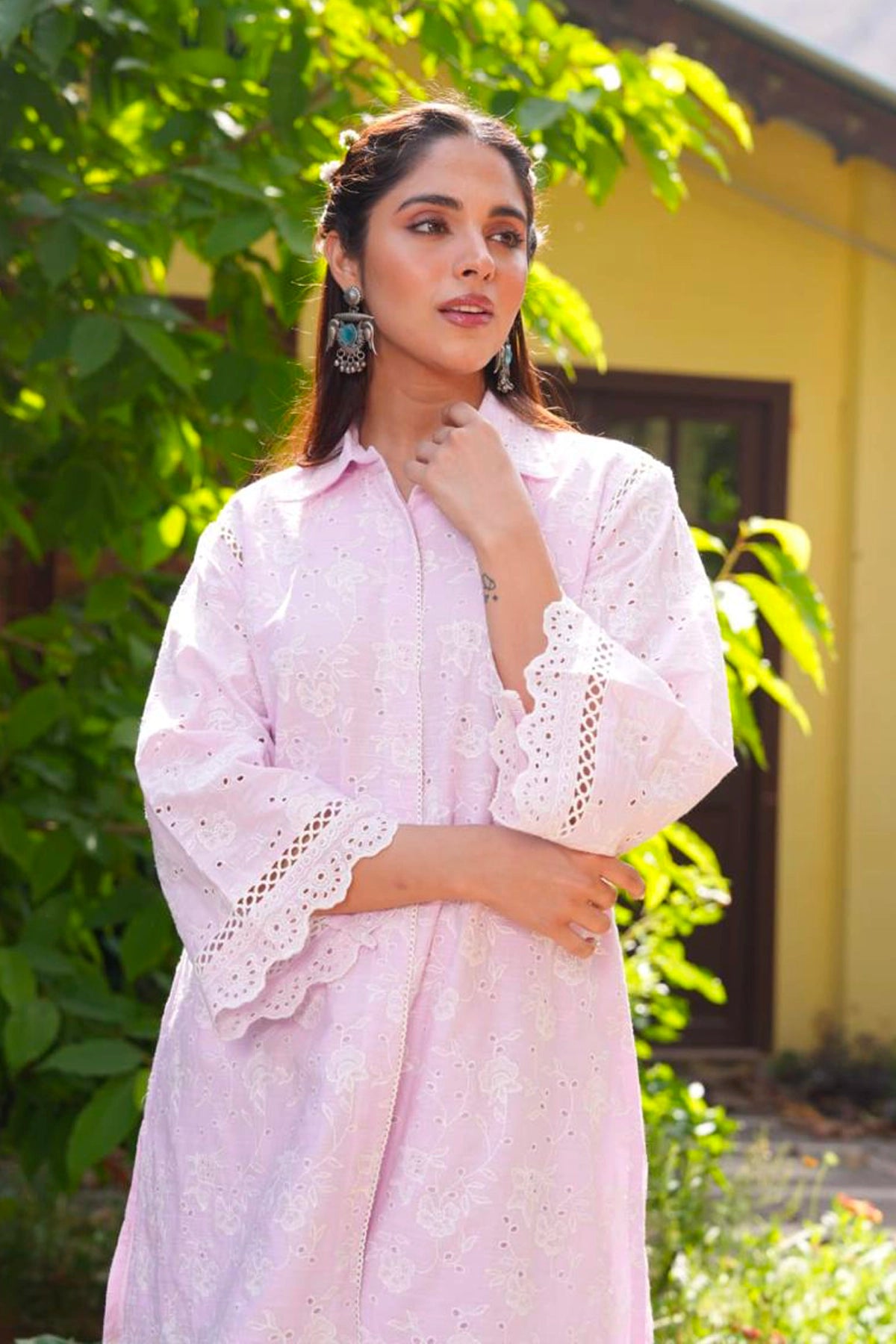 Lavender Cotton Embroidered Schiffli Co-Ord Set