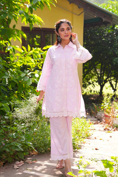 Lavender Cotton Embroidered Schiffli Co-Ord Set