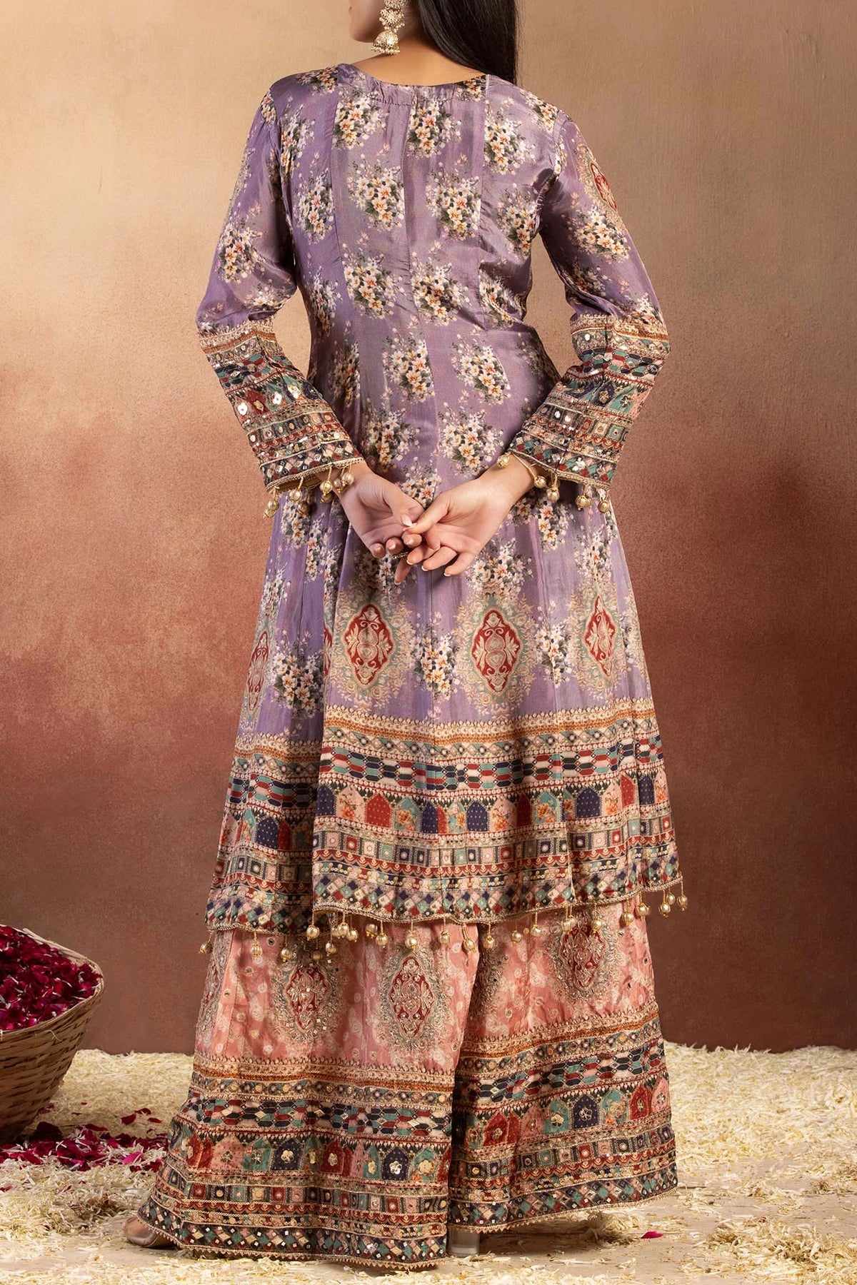 Party Wear Lavender Multicolored Anarkali Sharara Suit at PinkPhulkari