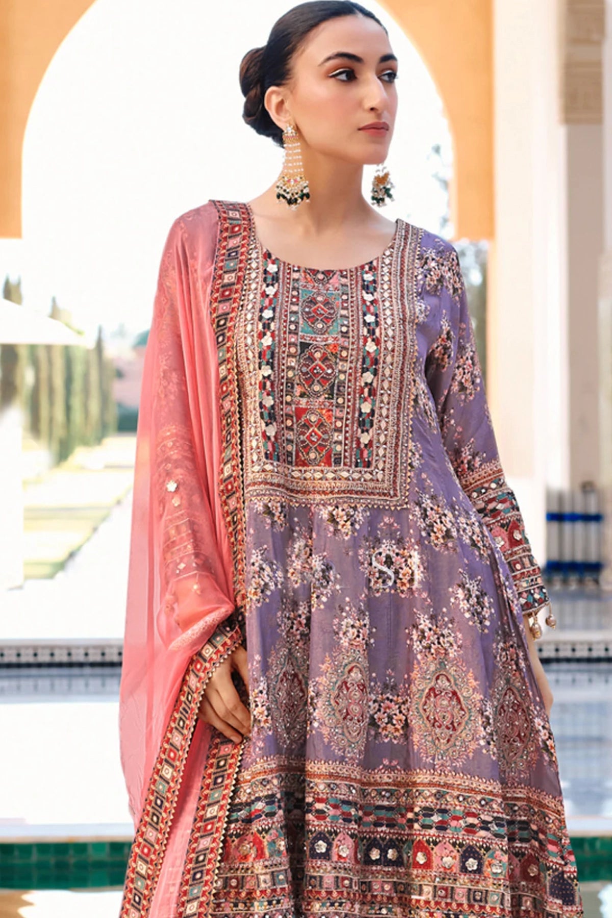 Party Wear Lavender Multicolored Anarkali Sharara Suit at PinkPhulkari