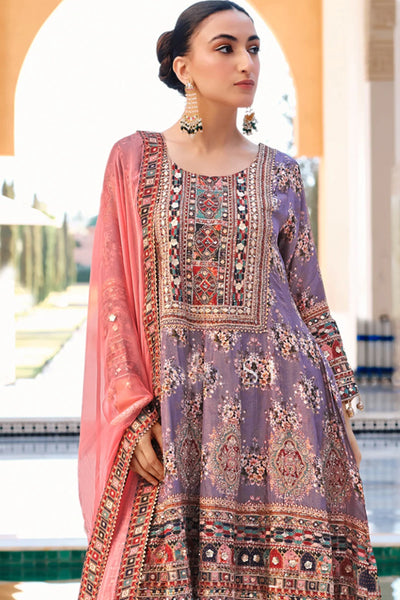 Party Wear Lavender Multicolored Anarkali Sharara Suit at PinkPhulkariParty Wear Lavender Multicolored Anarkali Sharara Suit at PinkPhulkari