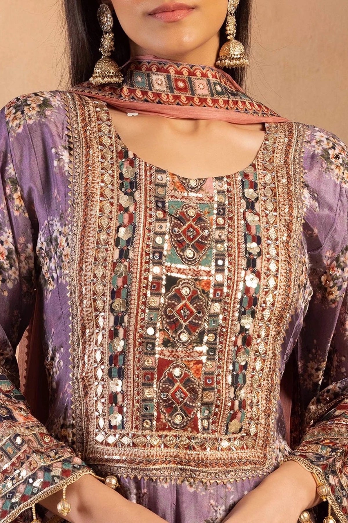 Party Wear Lavender Multicolored Anarkali Sharara Suit at PinkPhulkari