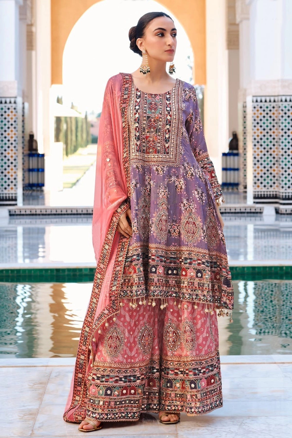 Party Wear Lavender Multicolored Anarkali Sharara Suit at PinkPhulkari