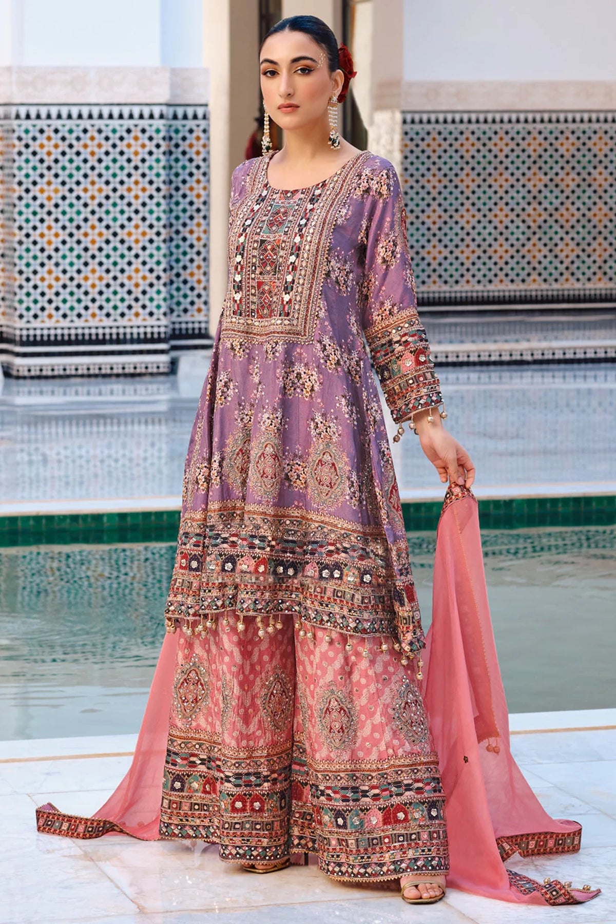 Party Wear Lavender Multicolored Anarkali Sharara Suit at PinkPhulkari