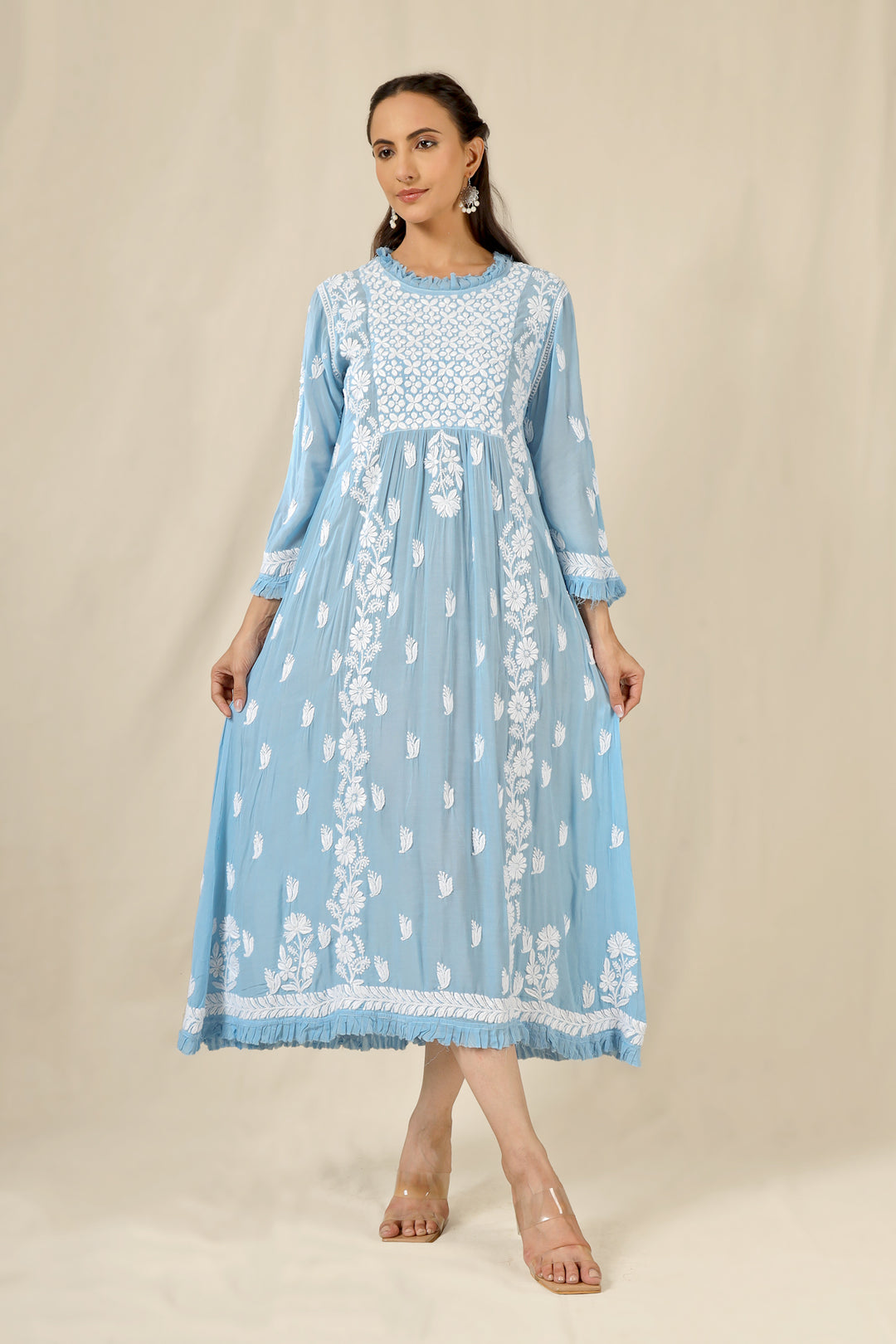 lucknowi maxi dress Buy Light Blue Muslin Silk Chikankari Online competition dress Due to the handmade Girard's Dressing, White French Color:EAST SIDE ROYAL