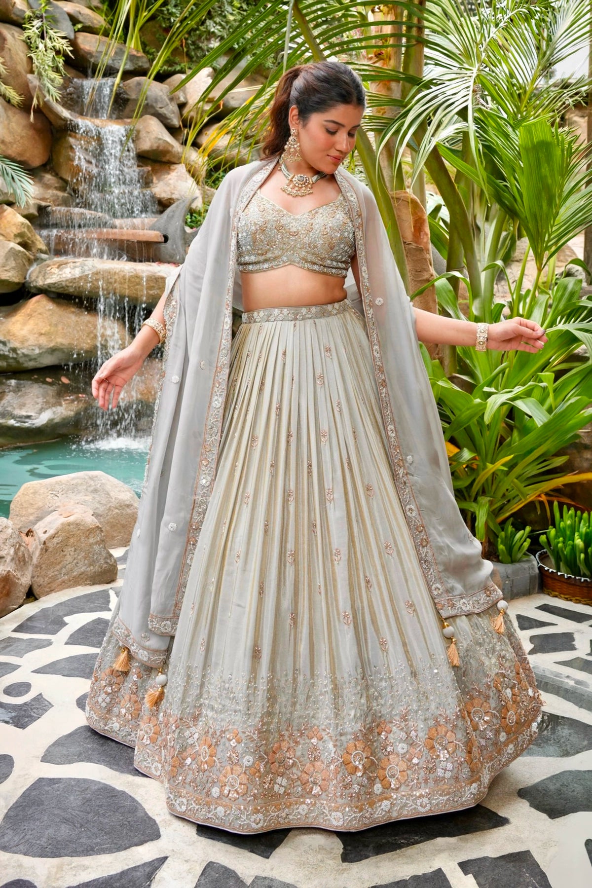 Buy Light Gold Shimmer Silk Embroidered Lehenga Choli Set Online ...