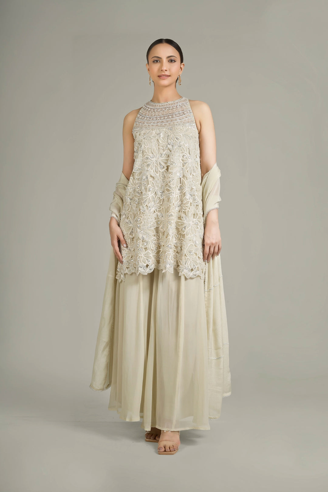 Light Gold Embroidered Net & Georgette Sharara Suit Set Light Gold Embroidered Net & Georgette Sharara Suit Set