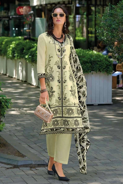  Light Yellow Embroidered Cotton Pant Style Suit 