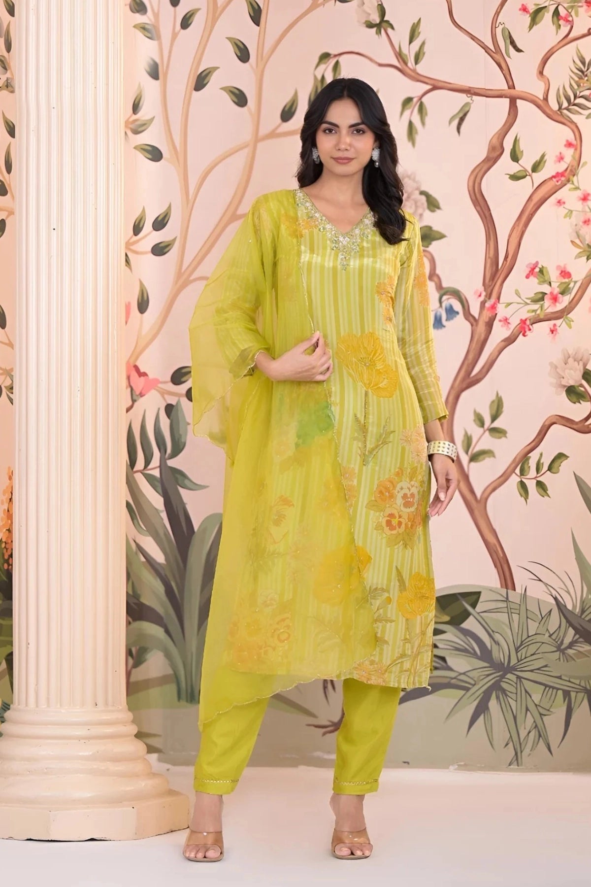 Lime Green Silk Print & Embroidered Kurta Set 