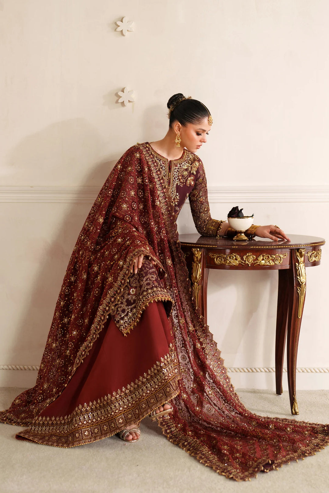chiffon sharara dress Maroon Embroidered Chiffon Sharara Set, Chiffon / Maroon / XL(42)